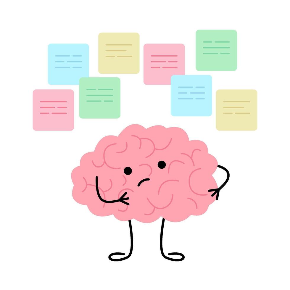 Brain think, brainstorm and multitasking, cute child character. Confused brain doubt over question, seek answer. Sticky with idea. illustration vector
