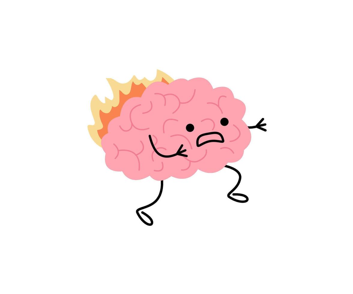 Brain with fire, burnout on stress, cute child character run. Intense brain activity from overwork, tension, multitasking. illustration vector