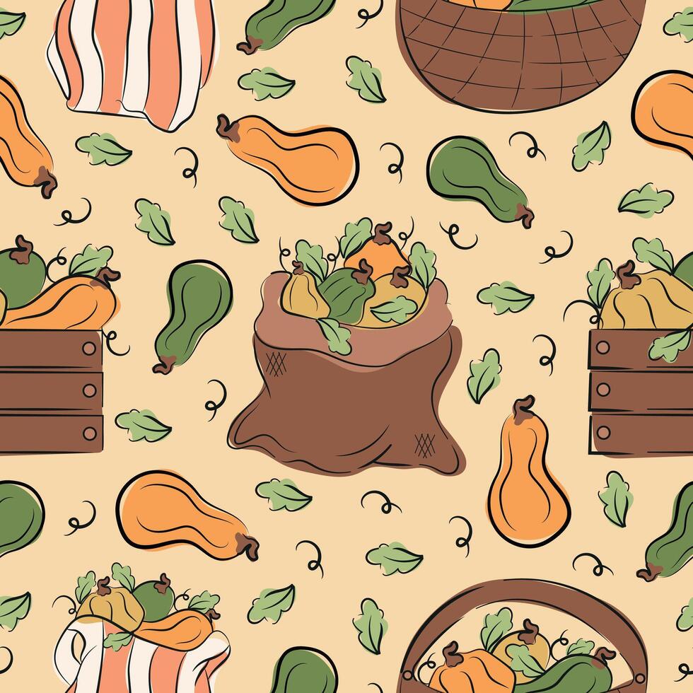 seamless pattern with a set of bag icons and a box of pumpkins of various shapes with sketch-style leaves and colored spots behind on a pastel background, for autumn designs, packaging or textiles vector