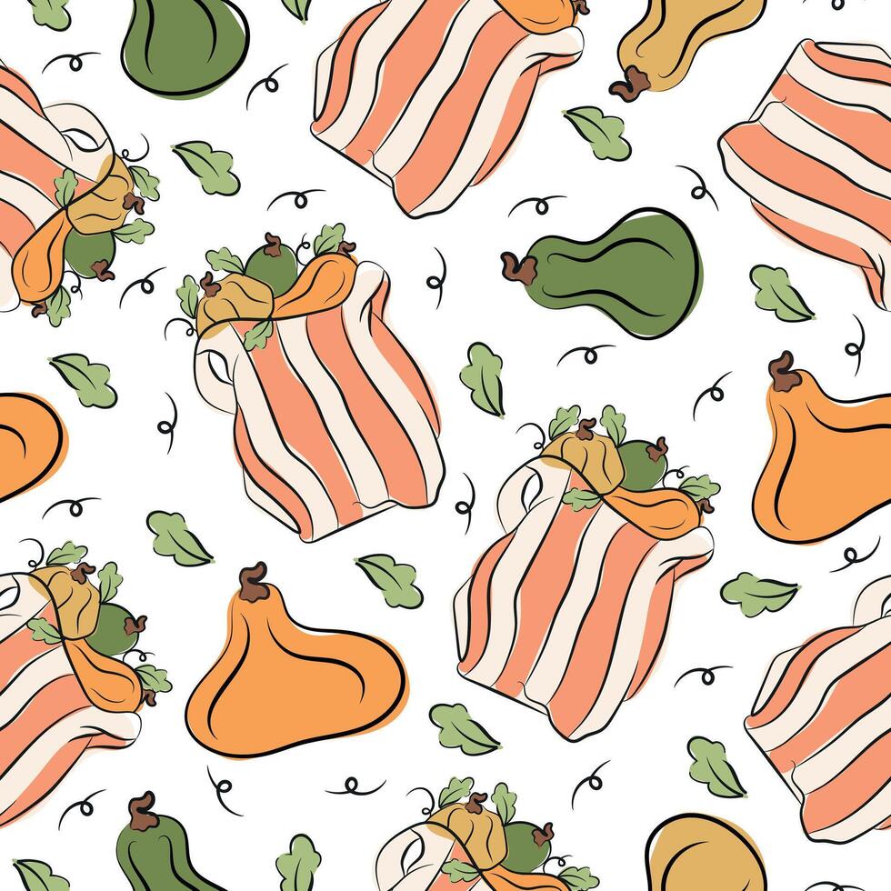 seamless pattern with icons of striped package with pumpkins of various shapes with sketch style leaves and colored spots behind, for autumn designs, packaging or textiles vector