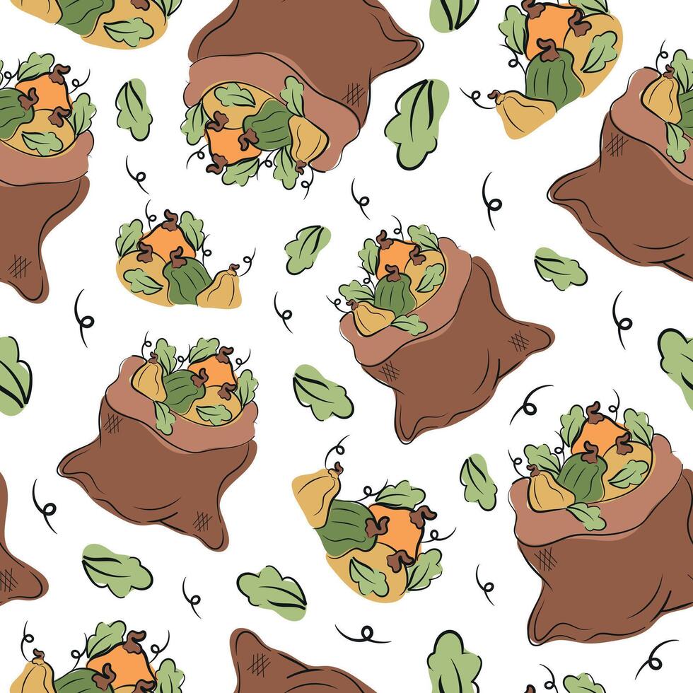 seamless pattern with textile bag icons of pumpkins of various shapes with sketch style leaves and colored spots behind, for autumn designs, packaging or textiles vector