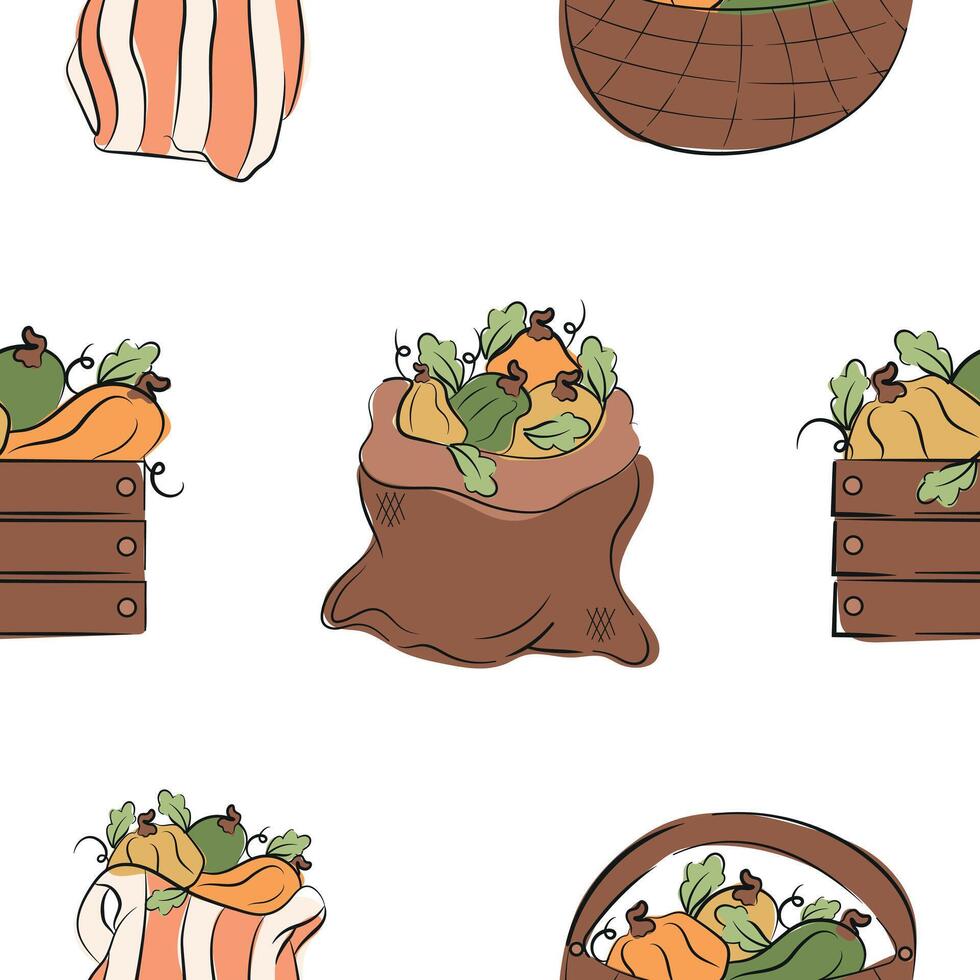 seamless pattern with a set of bag icons and a box of pumpkins of various shapes with sketch-style leaves and colored spots behind, for autumn designs, packaging or textile vector