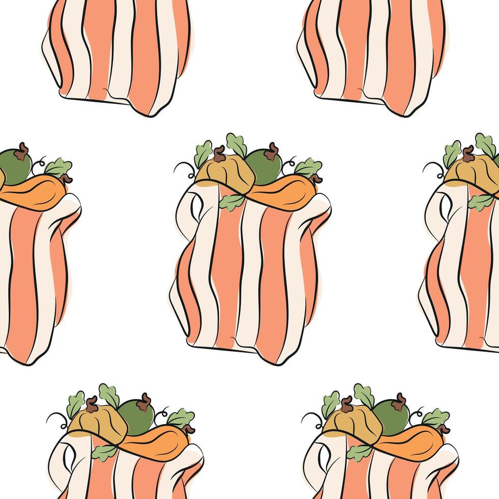 pattern with icons of striped package with pumpkins of various shapes with leaves in sketch style and colored spots behind, for autumn designs, packaging or textiles vector