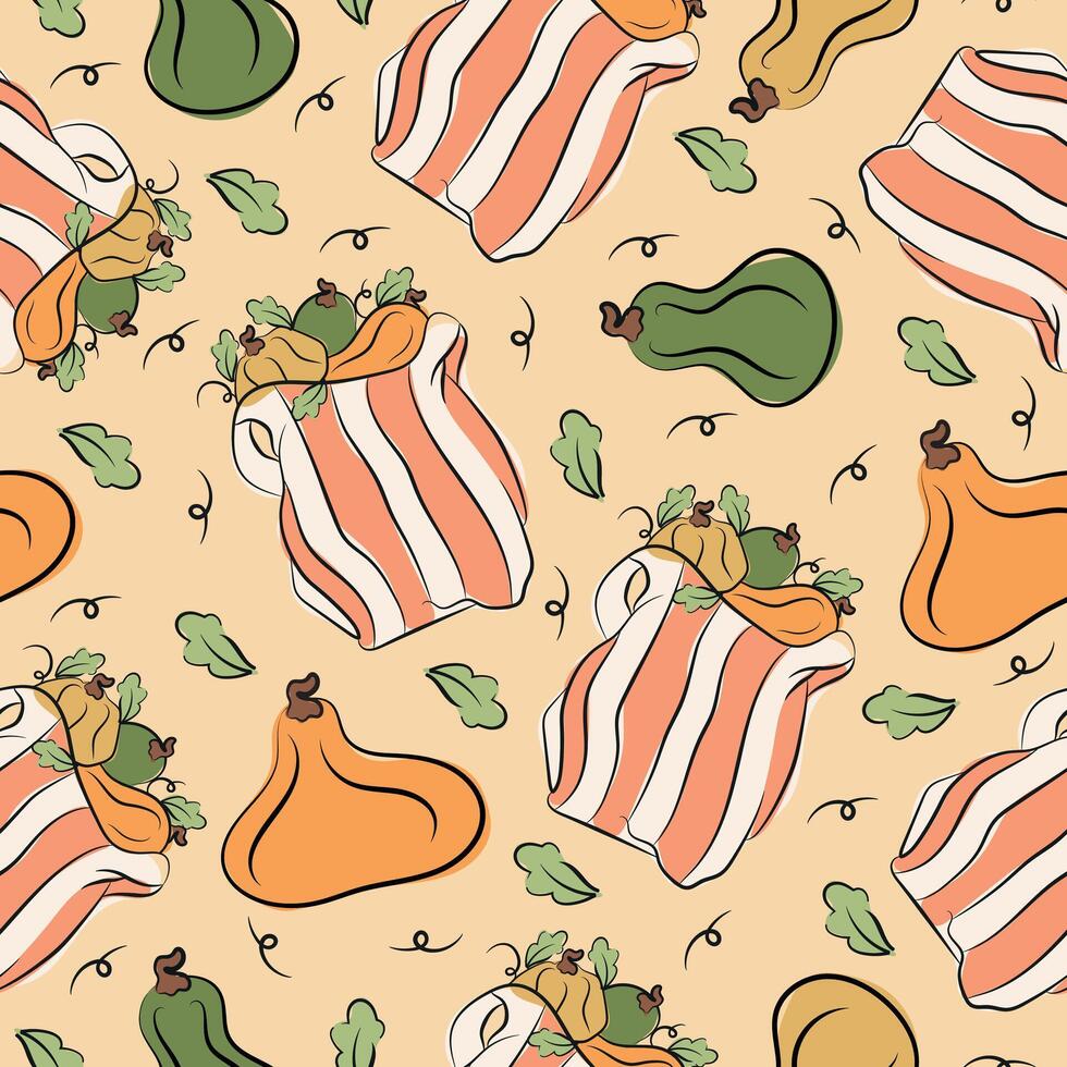 seamless pattern with icons of striped package with pumpkins of various shapes with leaves in sketch style and colored spots behind on pastel background, for autumn designs, packaging or textiles vector