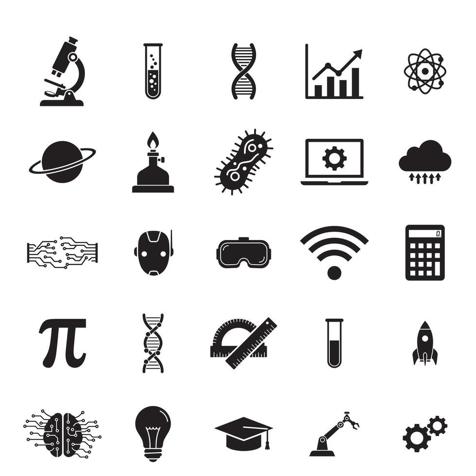 STEM icons. Science, Technology, Engineering and Mathematics silhouette set illustration. Collection of flat educational symbols for science and mathematics isolated vector