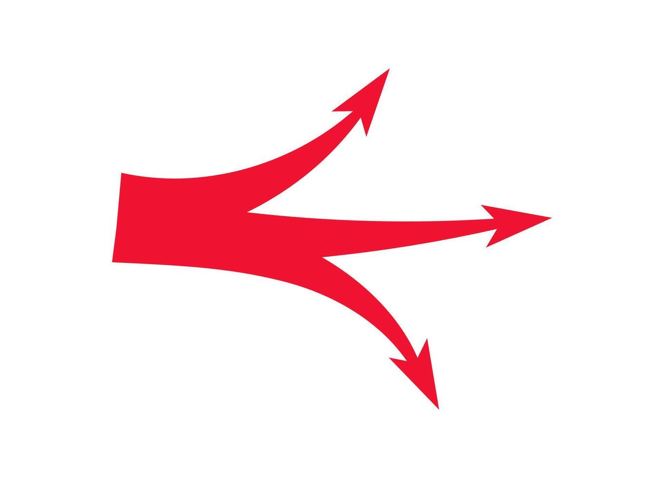 Dynamic red arrow with splitting paths for strategy and action movements vector