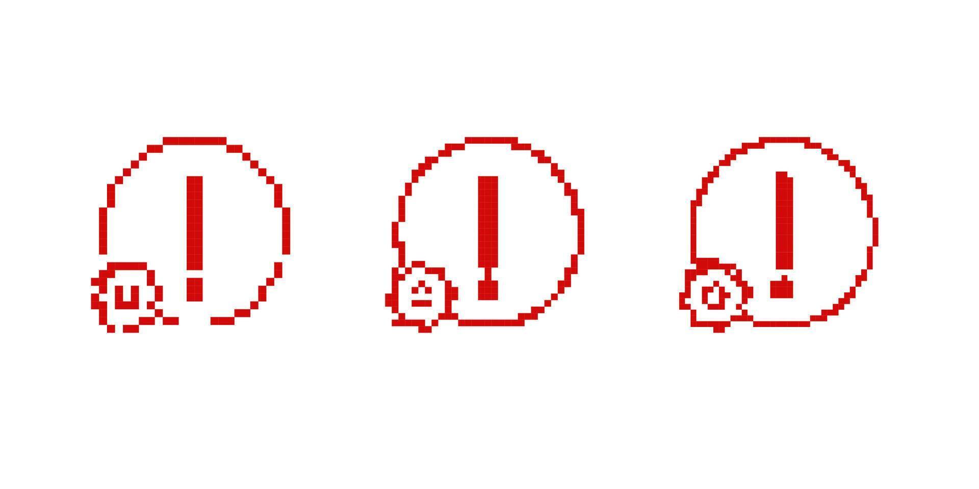 Mosaic pixel alert icons with expressive attention signs in retro 8 bit game style vector