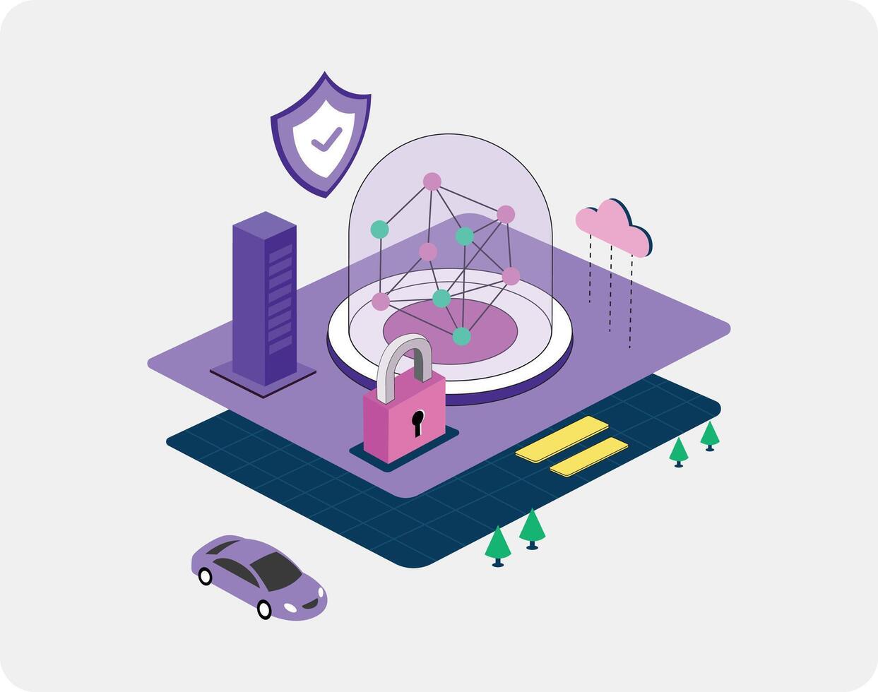 Isometric AI-Driven Cybersecurity Network with Cloud Encryption vector