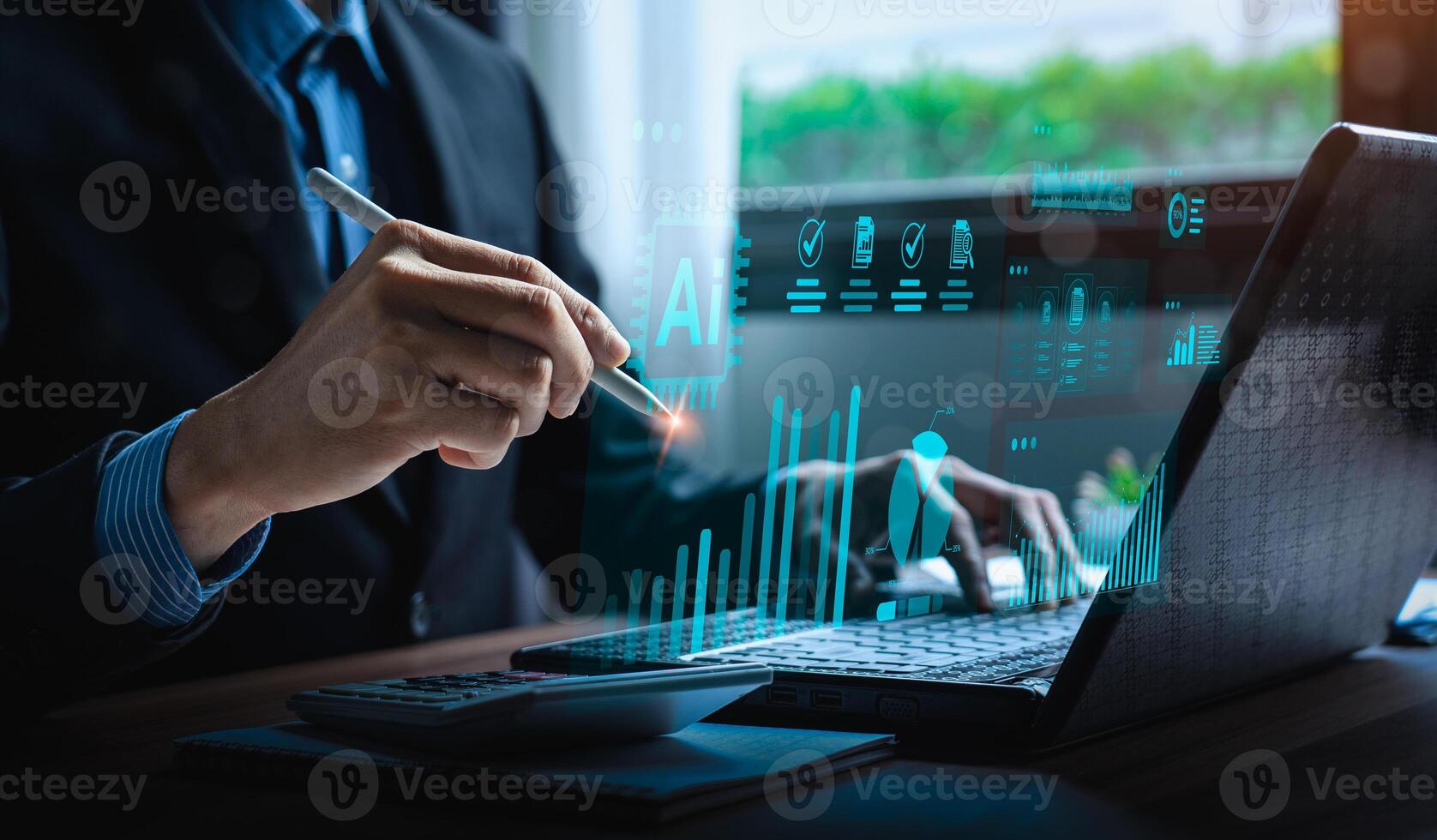 Business manager using digital pen and laptop while reviewing data insights visualized by artificial intelligence, with glowing analytics dashboard, AI chip icon, and futuristic technology interface photo