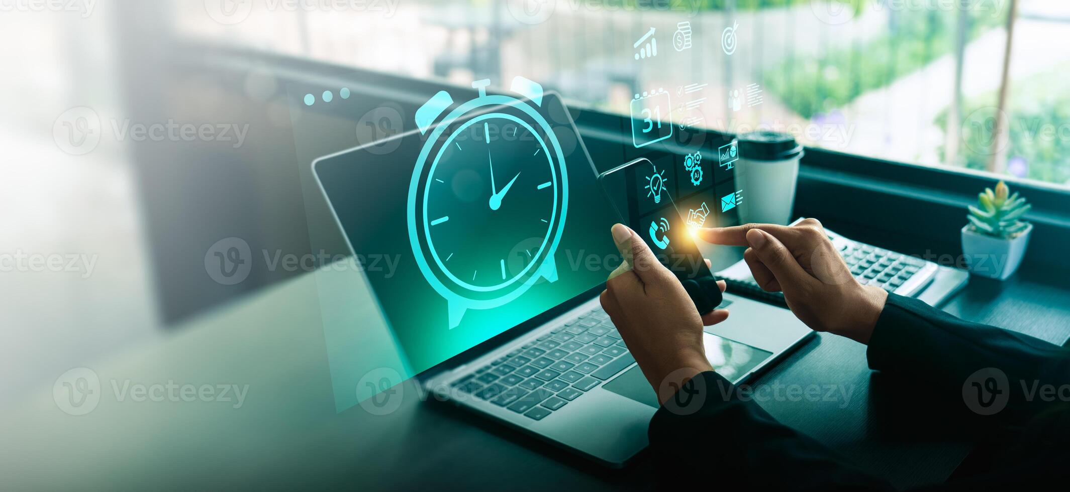 Time management concept with businessperson using smartphone and laptop, featuring digital alarm clock icon, task scheduling, productivity planning, and efficient goal tracking for work success photo