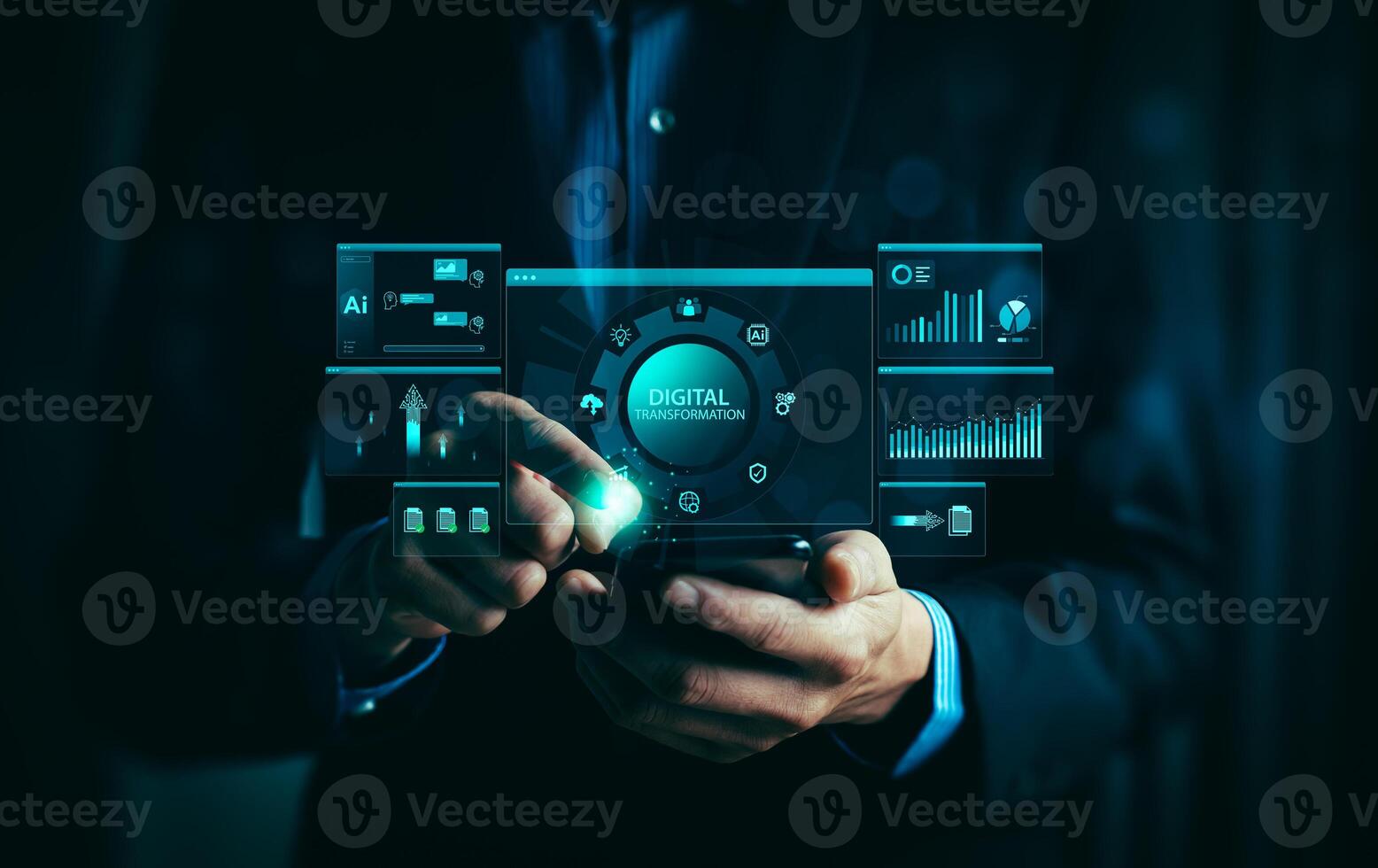 Businessman using smartphone to access futuristic digital transformation interface with glowing AI icons, data analytics dashboards, and virtual graphs in a modern tech-driven business environment photo