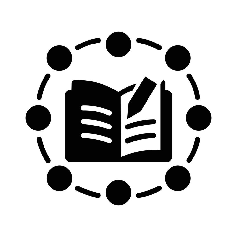 Open book with pen symbolizing writing knowledge sharing and learning network connection. vector