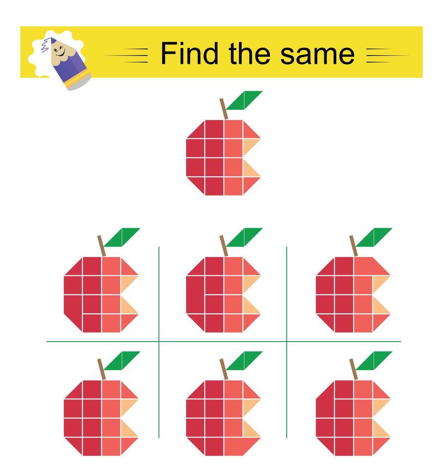 Puzzle game for kids. Attention task. Need to find the same of red apple. vector