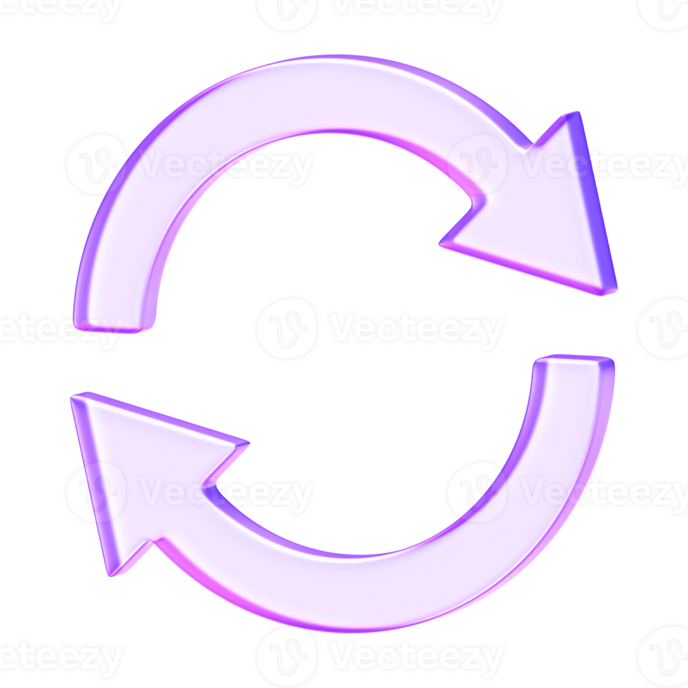 3D glassmorphism circular arrows in purple gradient. Modern minimal symbol for cycle, rotation, navigation, and abstract digital elements. png