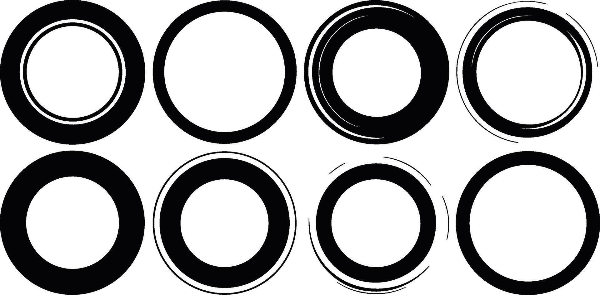 Collection of Black Circular Frames and Rings with Stylized Lines on White Background circle border vector
