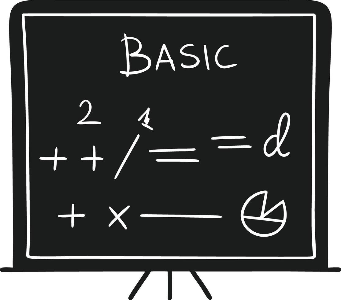 Hand drawn chalkboard with the word basic and mathematical equations and a pie chart silhouette isolated on white background isolated on transparent background vector