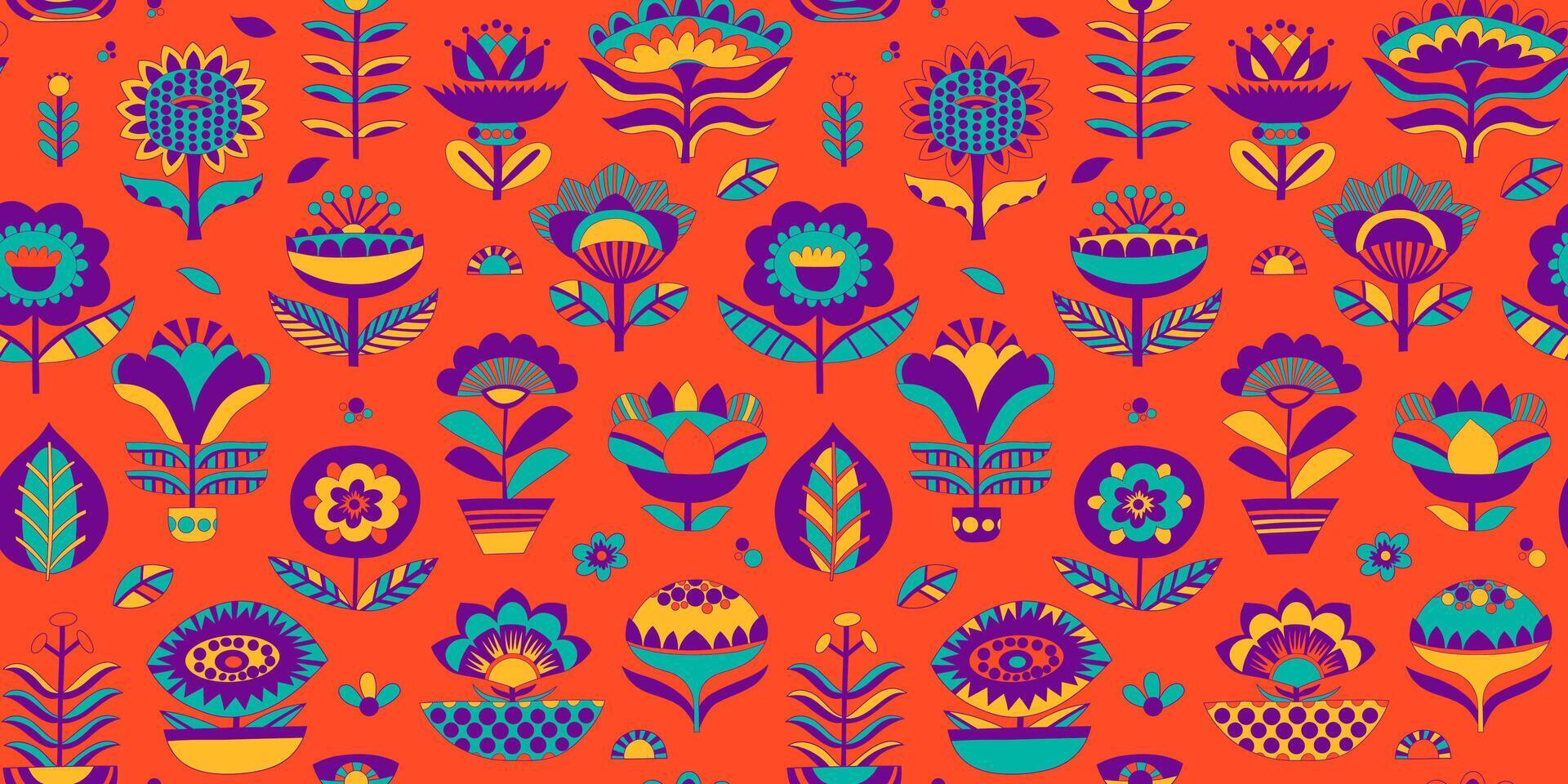 seamless pattern with folkloric flowers. Simple floral shapes as a background. Hand drawn geometric minimalistic repeatable backdrop. vector