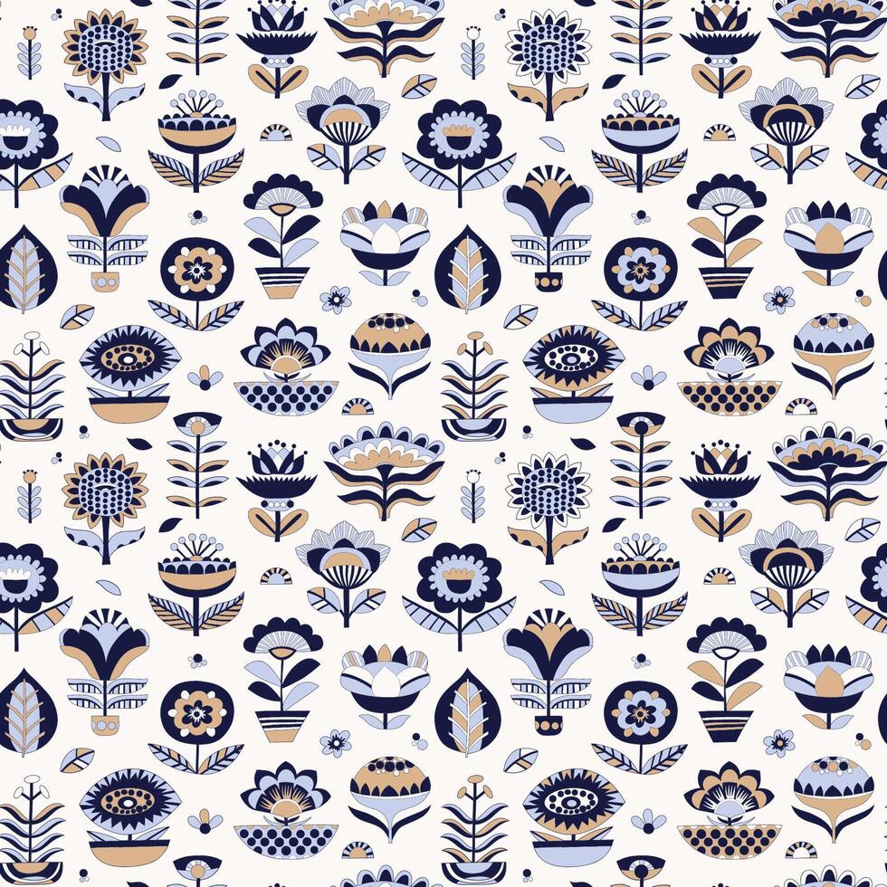 botanical seamless pattern with folkloric flowers. Simple plants and floral shapes as a background. Hand drawn geometric minimalistic repeatable backdrop. vector