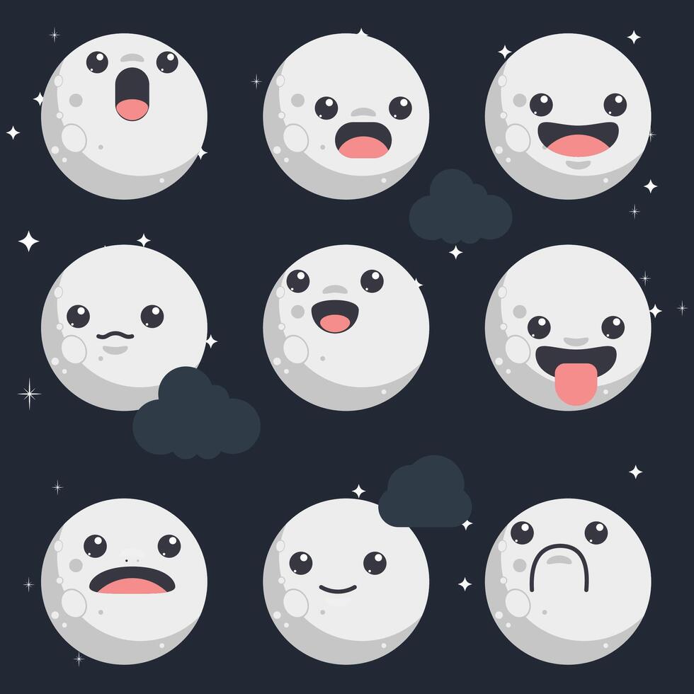 A series of cartoon moon faces with different expressions. Scene is lighthearted and playful vector