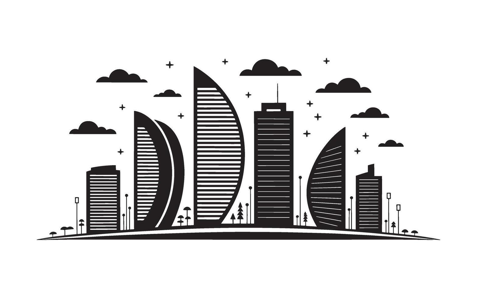 Monochromatic Cityscape Silhouette with Modern Architecture, Clouds, and Starry Sky Art for Creative and Minimalist Design Projects vector