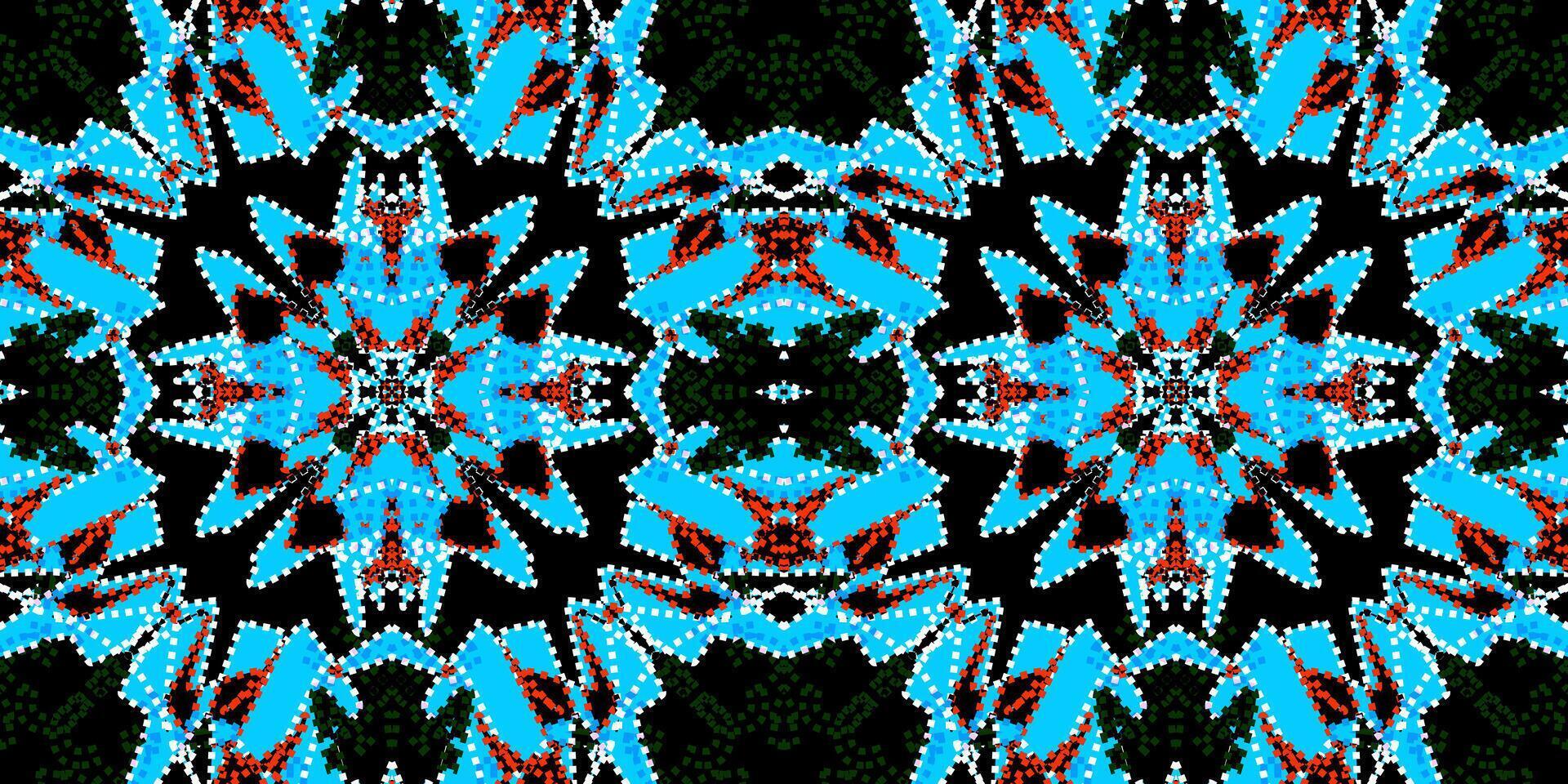 seamless blue Geometric Mosaic Background. Vibrant Cyan Abstract Kaleidoscope Pattern. Symmetrical Digital Art in Blue and Red. ModernKaleidoscopic Design. Bold Abstract Starburst Texture vector