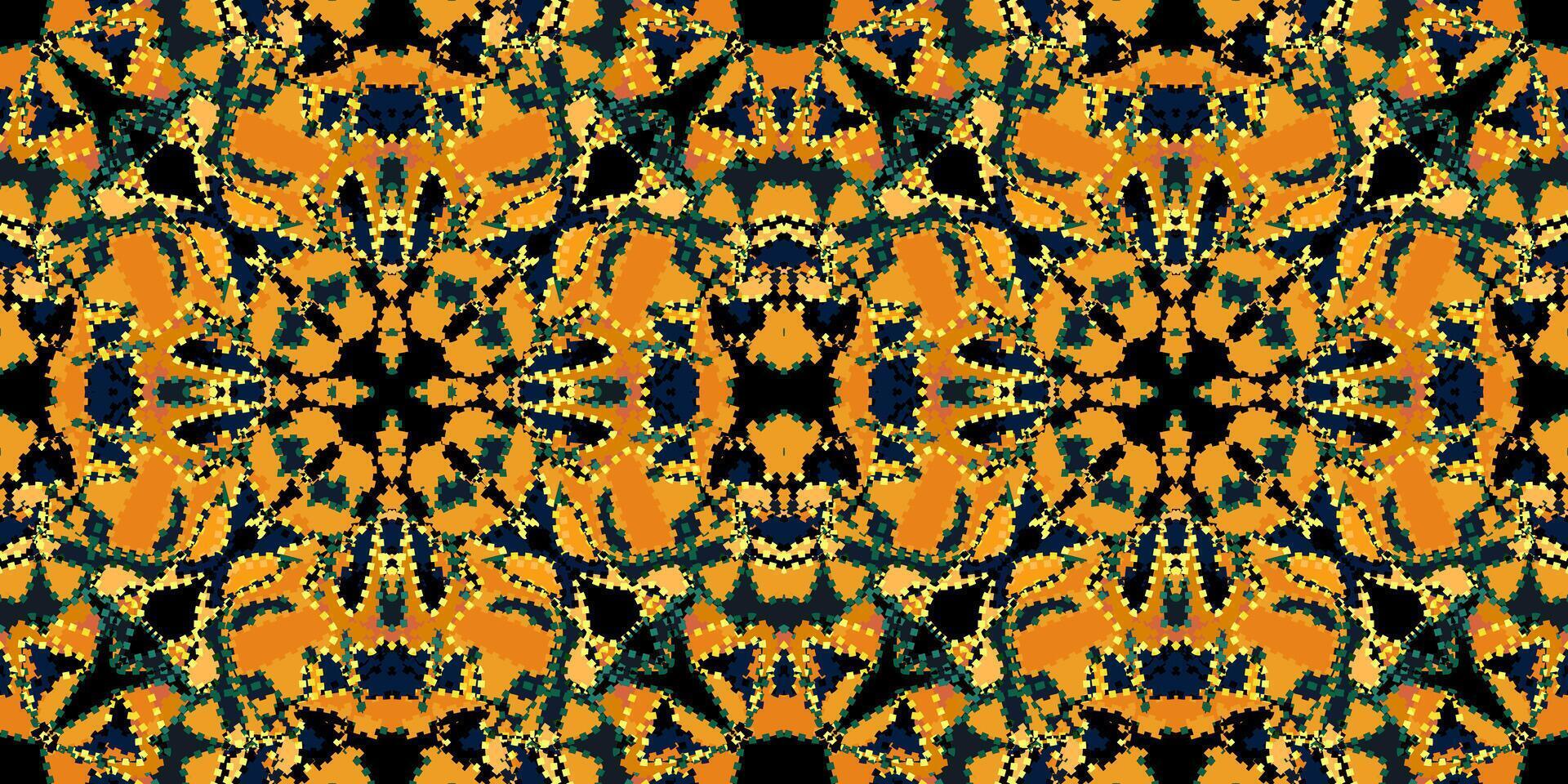 Abstract seamless Kaleidoscope Pattern in Gold and Teal. Vibrant Geometric Mosaic Background . Symmetrical Abstract Design with Orange and Blue. Digital Kaleidoscope Art. Modern Ornate Texture vector