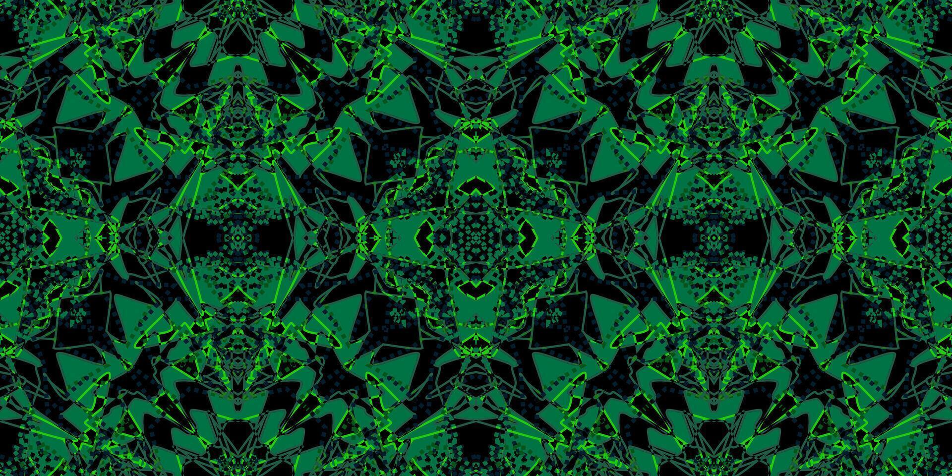 Abstract Emerald Green Kaleidoscope Pattern. Neon Green Modern seamless Pattern. Dark Geometric Symmetrical Background . Digital Grunge Abstract Texture . Intricate Cyberpunk Inspired Design. vector