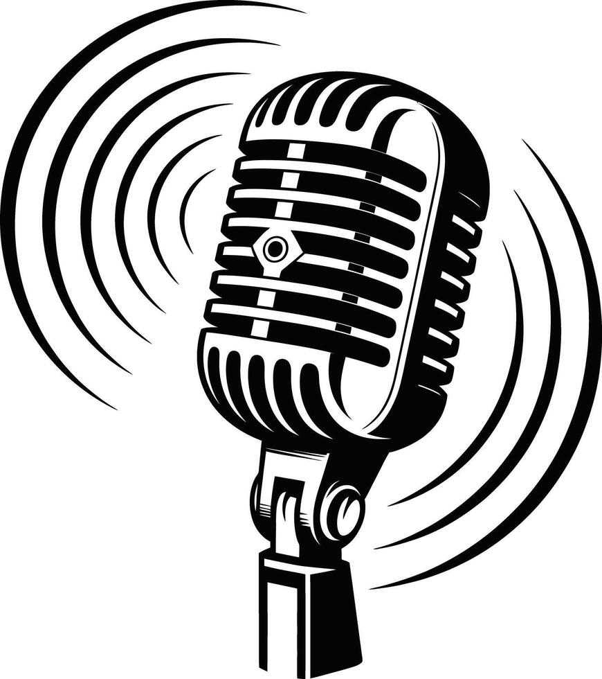Retro microphone icon with sound waves. Broadcasting microphone for podcast recording. vector