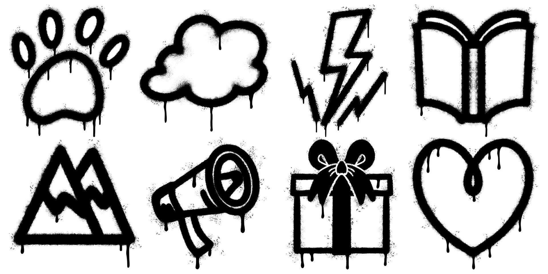Set of graffiti style spray paint stencil icons with dripping ink effect. Includes paw print, cloud, lightning bolt, open book, mountain, megaphone, present box, and heart. vector