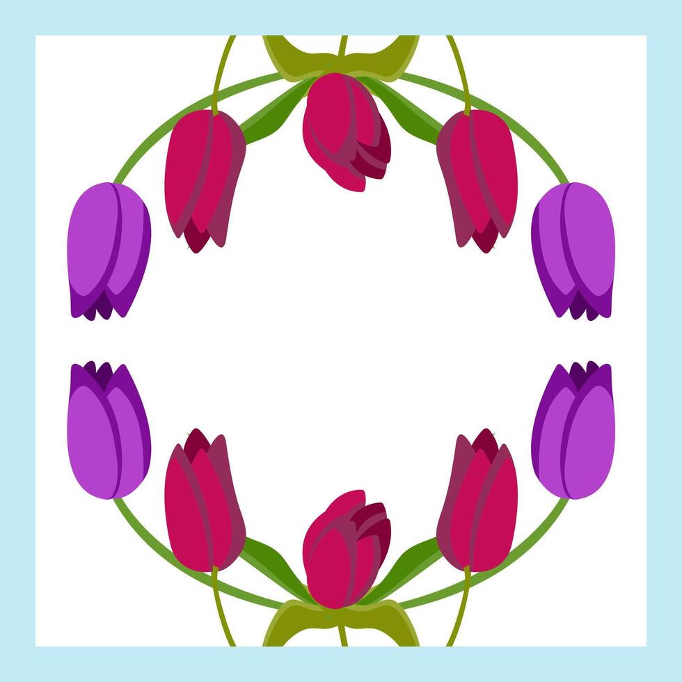 Frame with two decorative arcs of red and purple tulips at the top and bottom. illustration isolated on a blue background. vector
