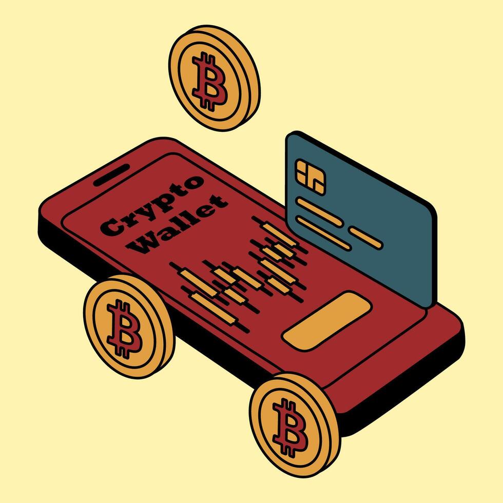Crypto Wallet Mobile App with Bitcoin Coins vector