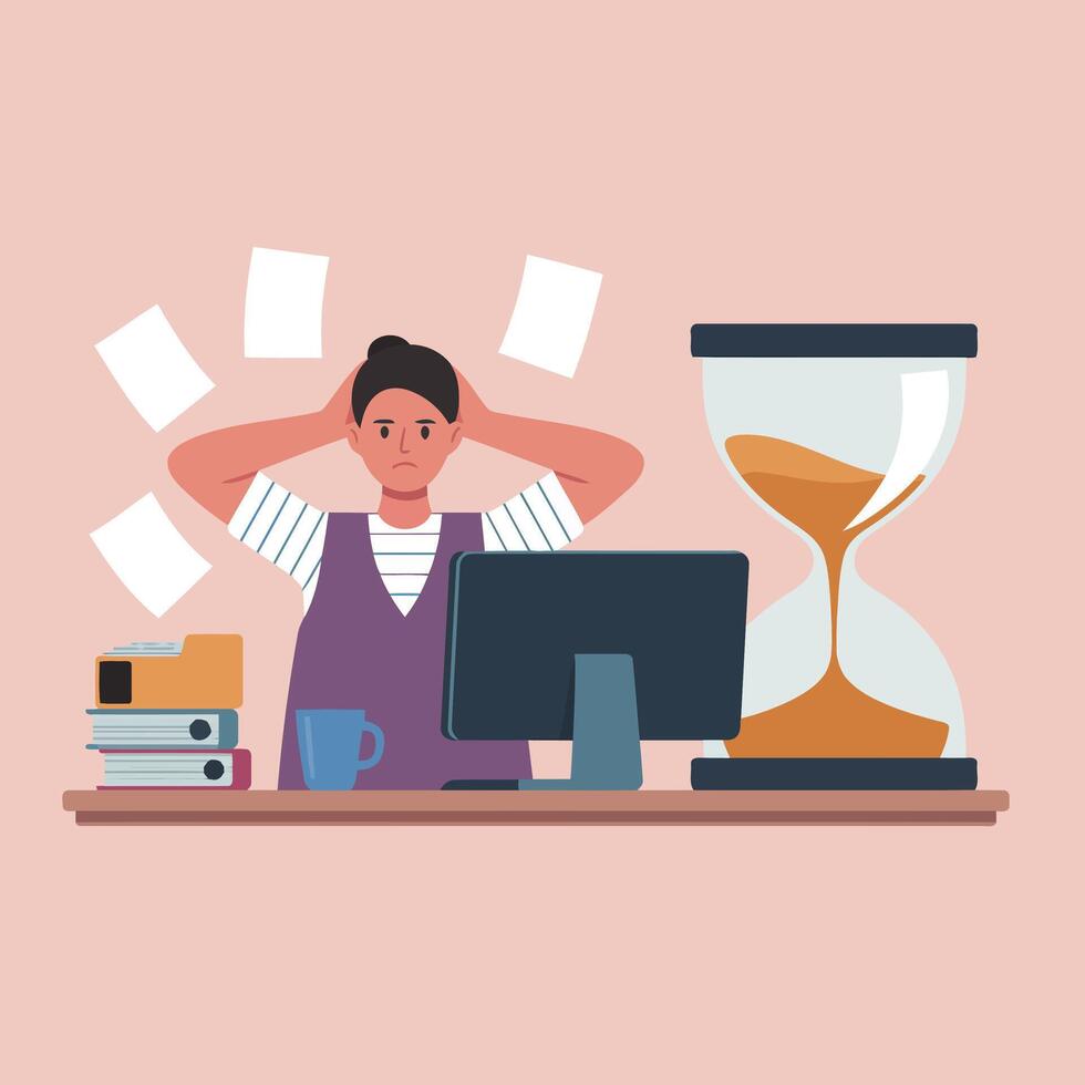 Stressed Employee Facing Deadline Pressure While Working Overtime Under Time Constraints vector