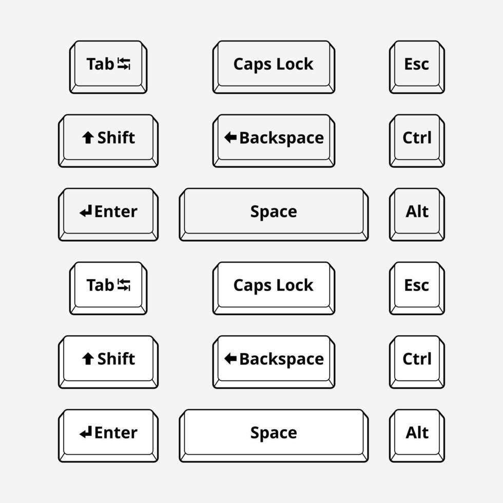 Ctrl, alt, esc, tab, spacebar, shift, enter, backspace, delete, caps lock keys on computer keyboard isolated icon. Keyboard buttons. Control, alternate, escape. vector