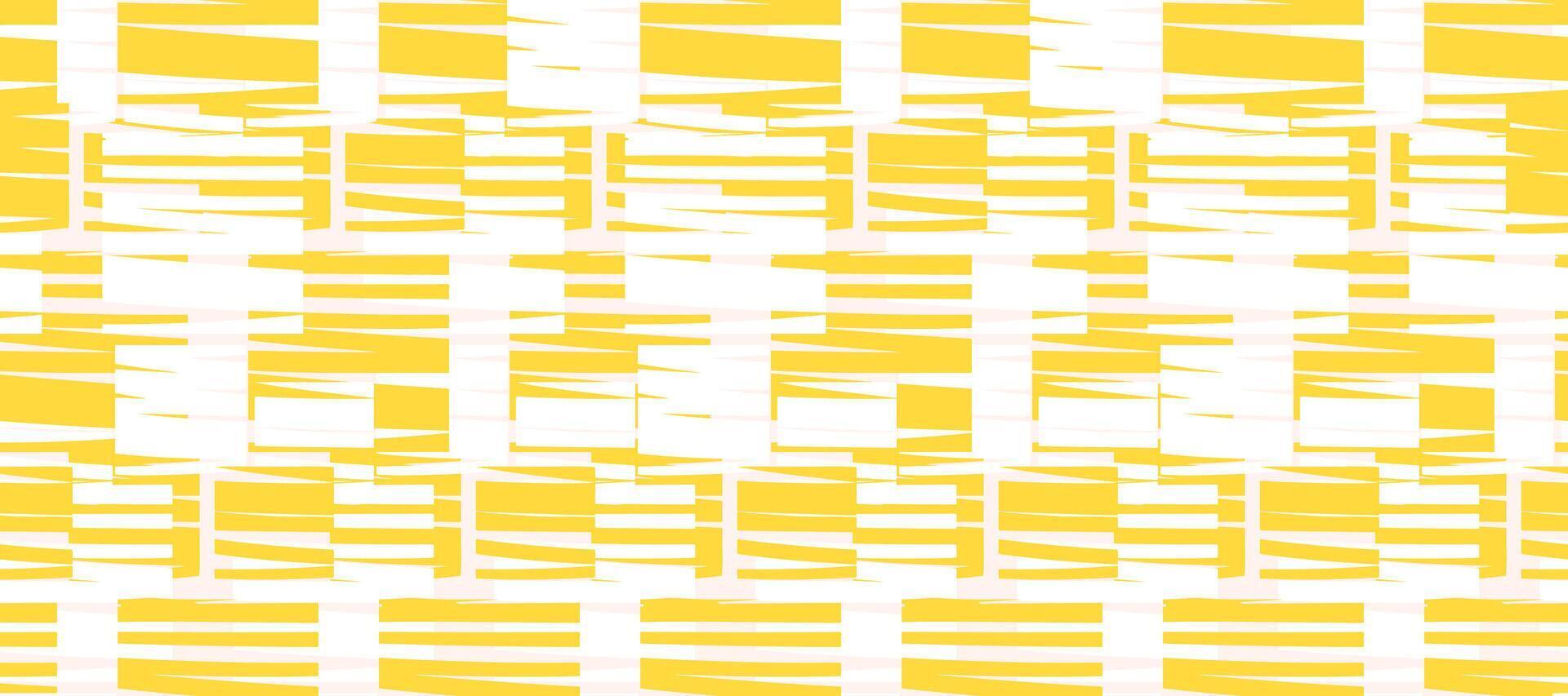 Seamless abstract pattern with yellow geometric rectangles and dynamic textured lines on white. Modern decorative background for textiles, wrapping, and surface design vector