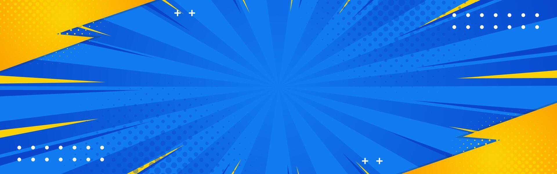 Abstract blue and yellow comic background with sunburst effect and halftone. Modern pop art banner design for sale templates, events, business ads, websites, and headers vector