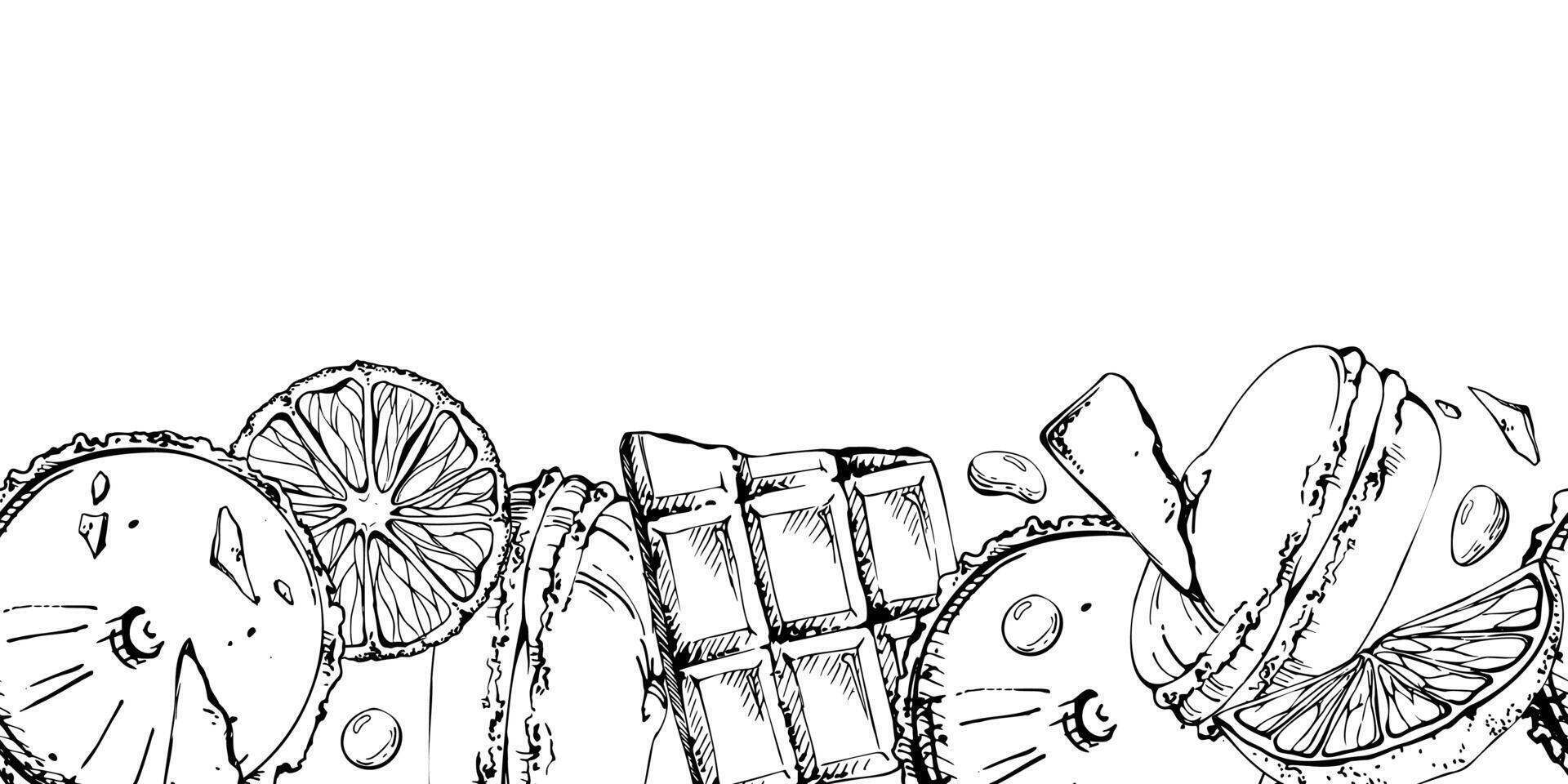 ink sliced oranges, citrus and truffle macarons, chocolate bar fragments. Isolated hand drawn seamless banner. Recipe card frames, menu design accents, digital craft and culinary patterns. vector