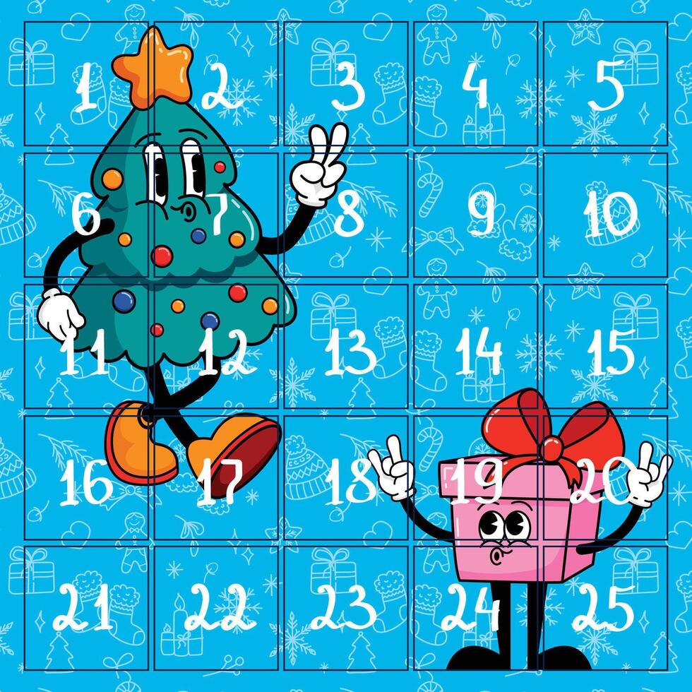 Christmas advent calendar. Countdown with funny Christmas characters, tree and gift box. Retro poster template for December with festive elements. Advent calendar for kids, school events and Christmas vector