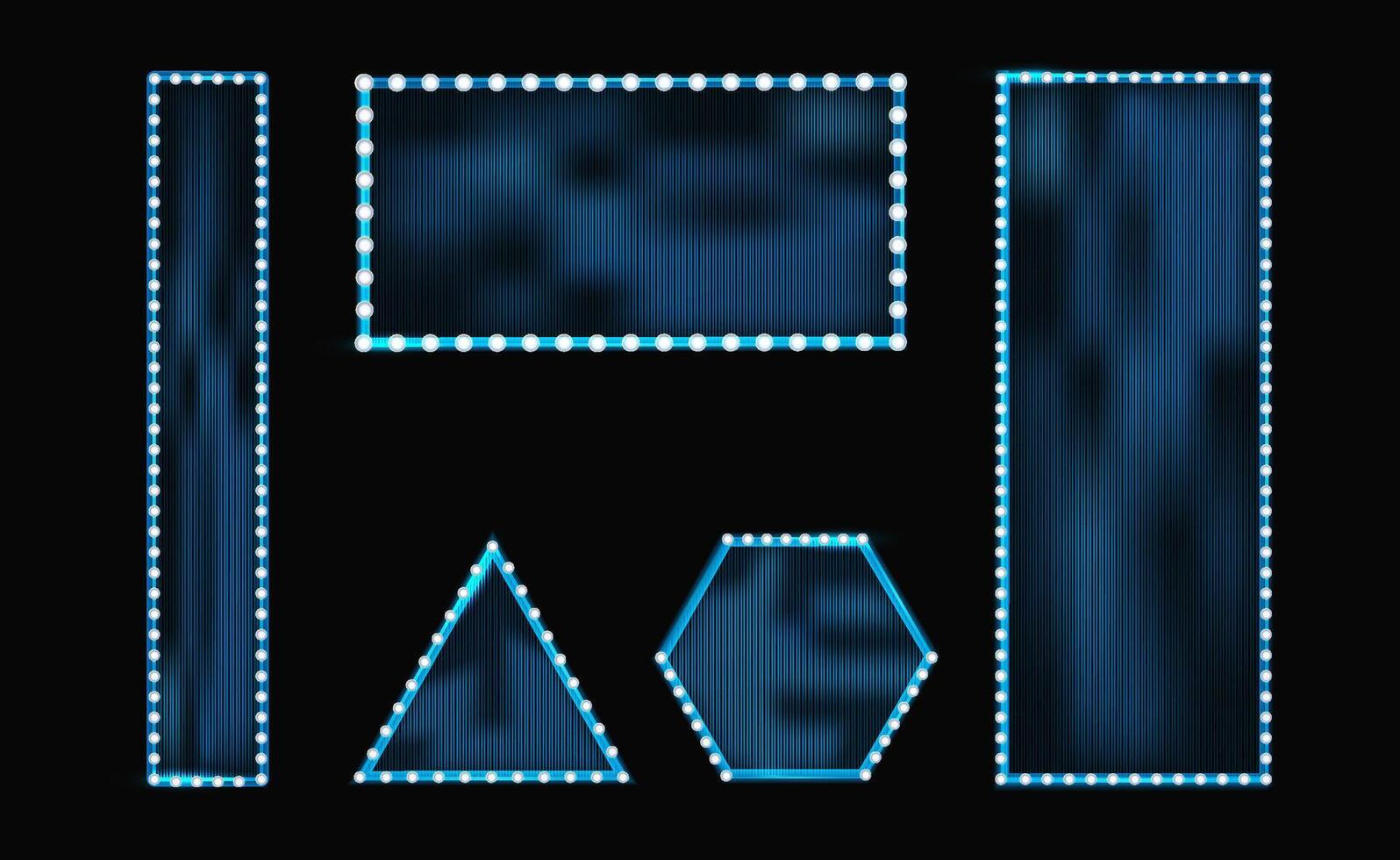 Various geometric shapes including a triangle, rectangle, and hexagon are illuminated by blue lights against a dark background, creating an eye-catching visual display. vector