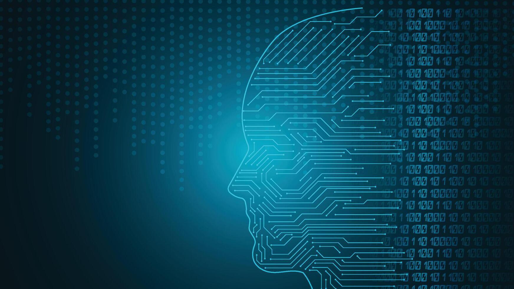 Futuristic artificial intelligence background showing human face outline with circuit lines and binary code, perfect for technology, innovation, digital, data and AI projects vector