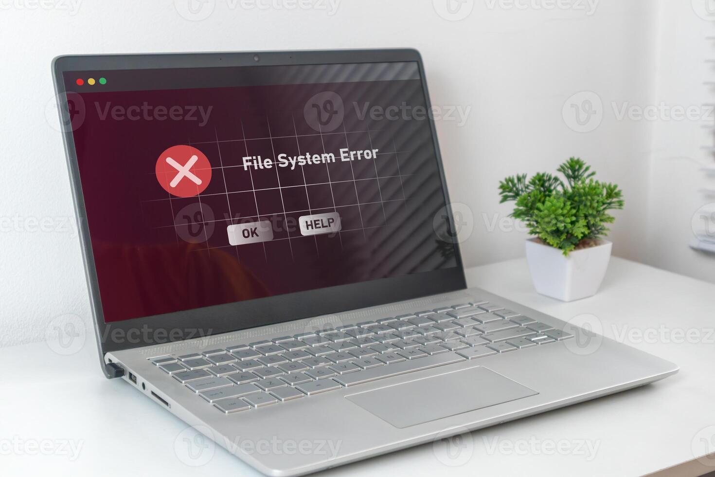 A computer laptop with operation error message. System error, file system error or critical error. photo