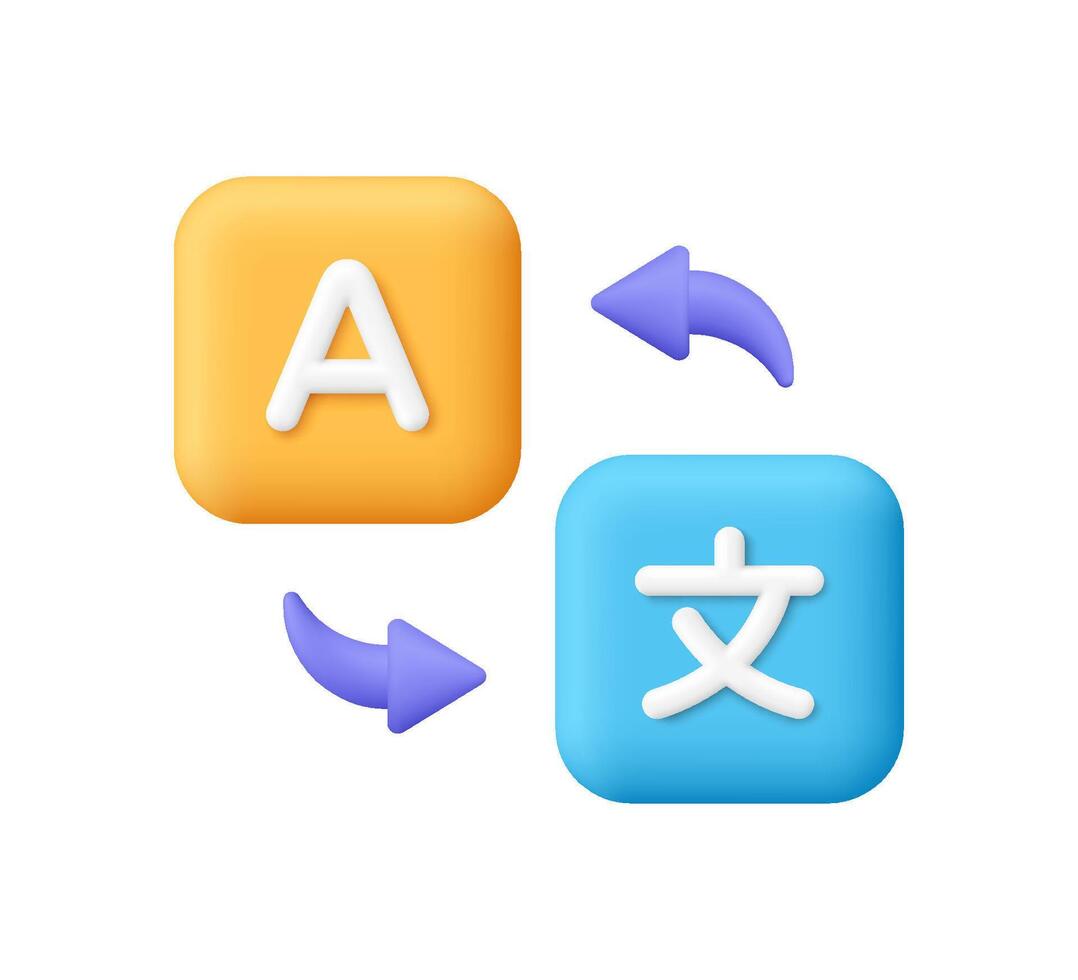 Language translator symbol on square buttons with rounded arrows. Translate app, foreign Languages, online dictionary and online learning concept. 3d icon. Cartoon minimal style. vector