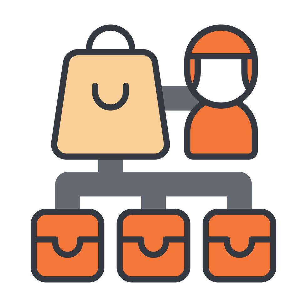 Assign driver to orders icon showing courier, shopping bag, and multiple delivery bags connected, flat outline symbol for dispatch planning, courier assignment, and food delivery logistics in apps. vector