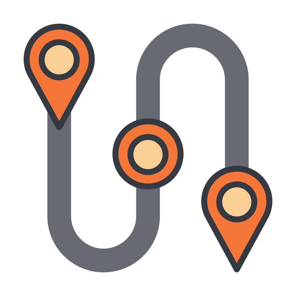 Multi stop route icon with curved path and three location pins, flat outline symbol for delivery tracking, logistics planning, travel navigation, and route optimization in apps and dashboards. vector