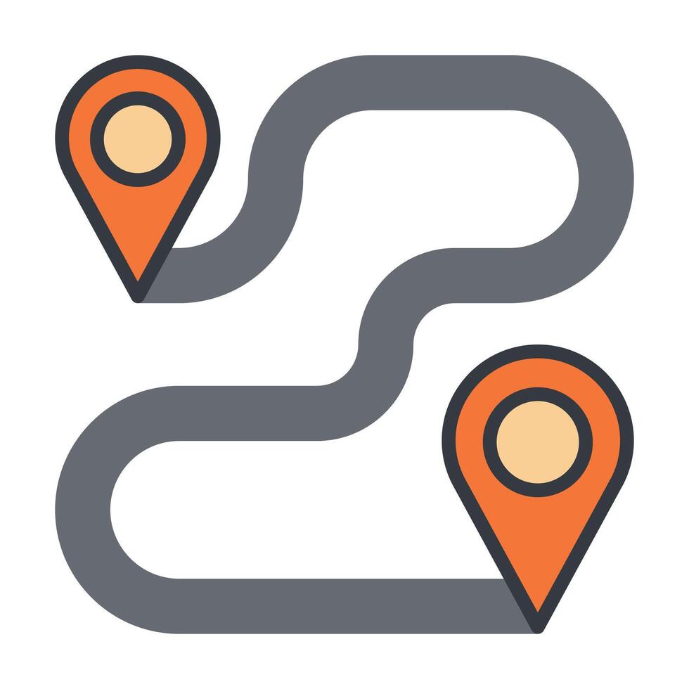 Route map with location pins icon for navigation, multi stop journey, delivery tracking and route optimization, smooth path line showing start and destination for apps, dashboards, and presentations. vector