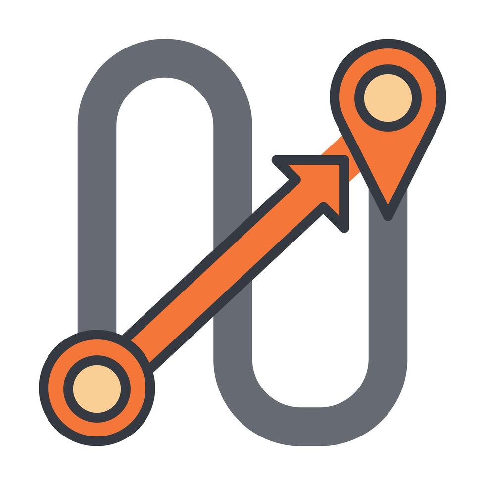 Route optimization icon with curved path, start and destination pins, and direct arrow shortcut, flat outline symbol for navigation, delivery efficiency, logistics apps, and smart travel planning. vector