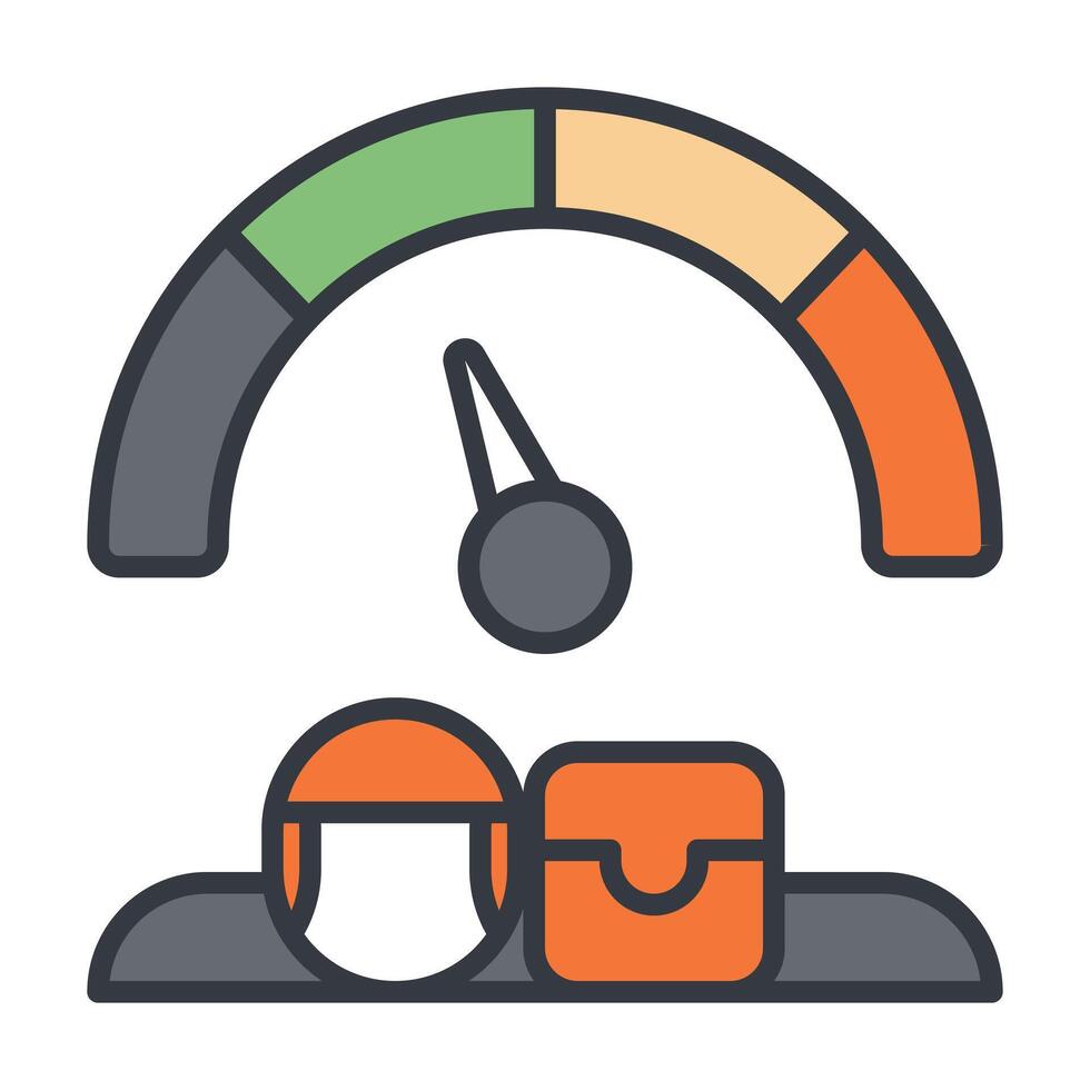 Efficiency dashboard icon with performance gauge, courier, and delivery bag, flat outline symbol for logistics monitoring, delivery service performance, workload tracking, and operations dashboards. vector