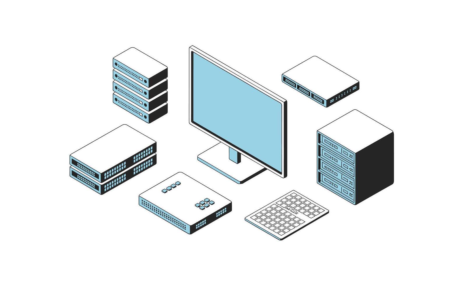 Isometric Network Infrastructure Monitor, Servers, Keyboard, and Network Devices in White and Light Blue, Representing Network System and Modern Connectivity vector