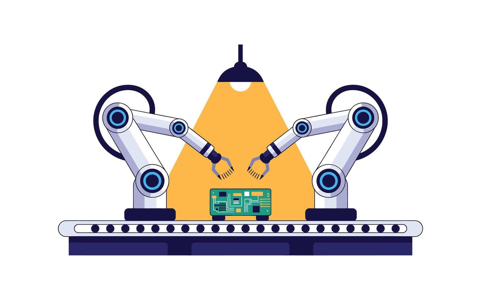 Automated Manufacturing Process Robot Arms Assembling Circuit Board on Conveyor Belt Under Bright Light for Efficiency and Precision in Industrial Production vector