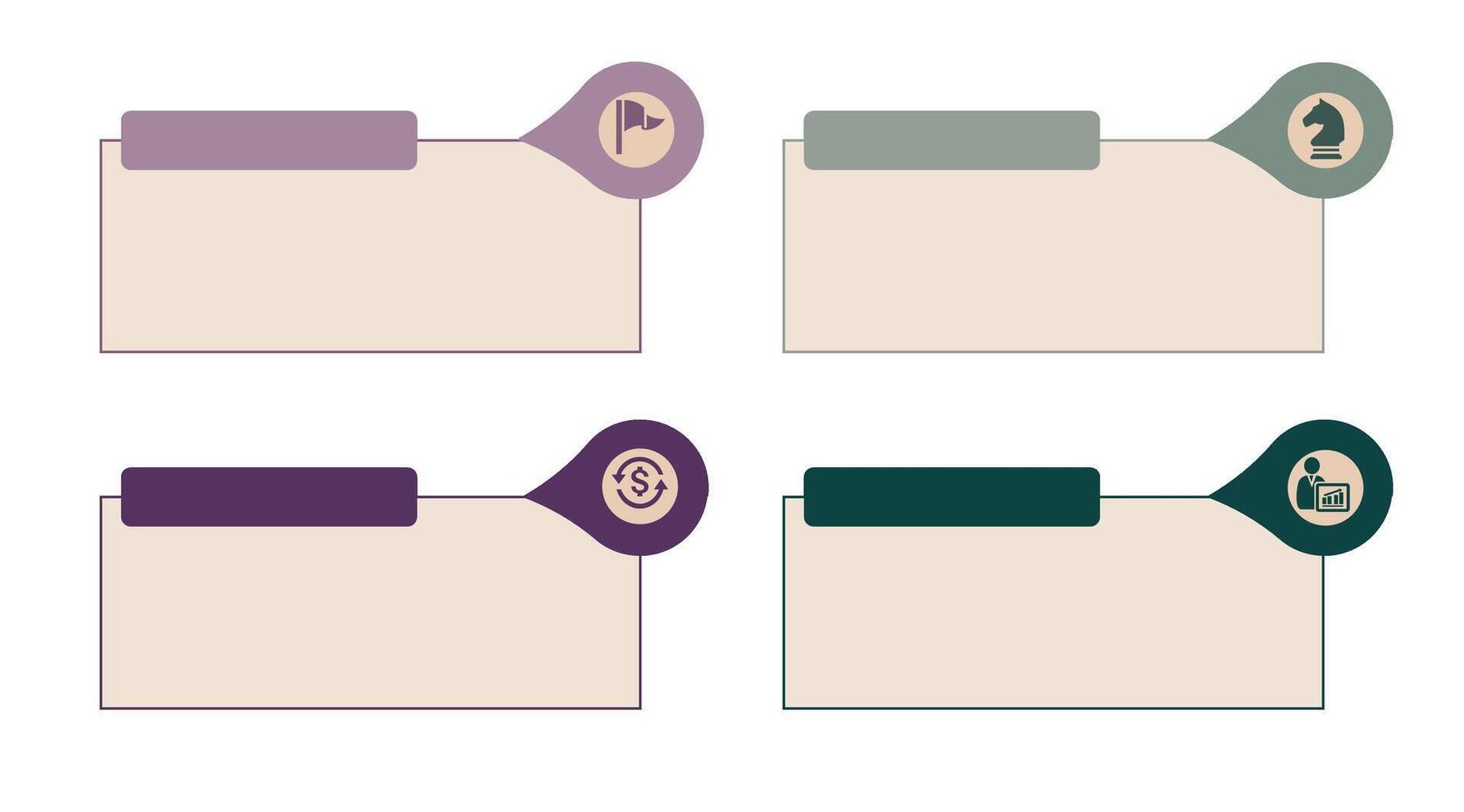 Business infographic with four text boxes and icons such as dollar, chess knight, analyst chart, and flag. Ideal for strategy, finance, analysis, and goal-setting presentations. vector