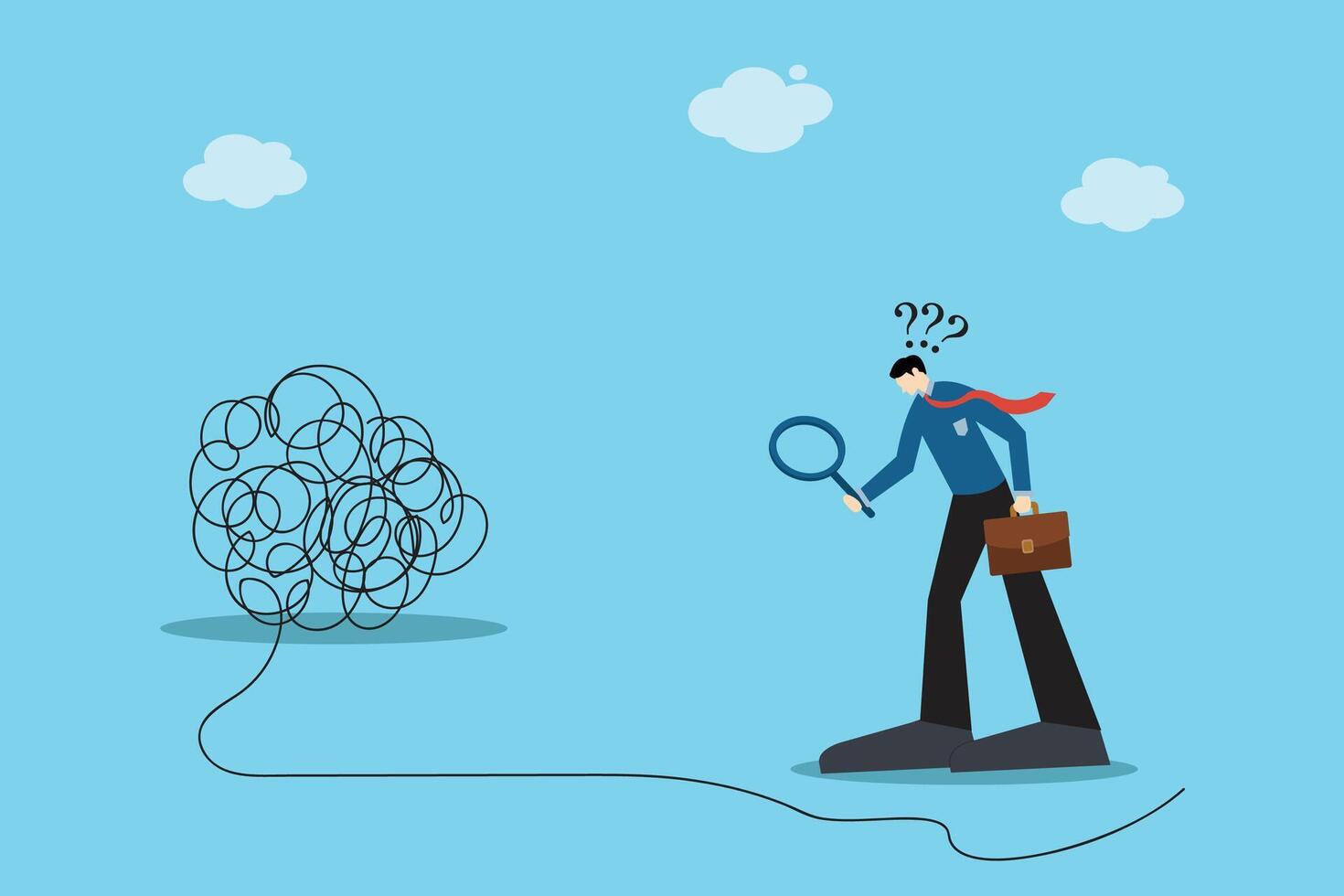 Problem solving business concept illustration of man analyzing tangled lines with magnifier, symbol of complexity, challenges, strategy, solution, and decision making vector